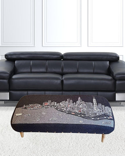 38" Gray Wool and Brown Ottoman