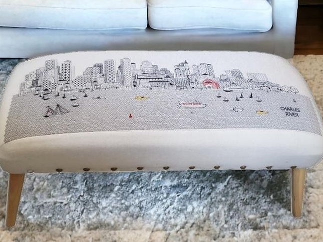 38" Cream Wool And Brown Ottoman