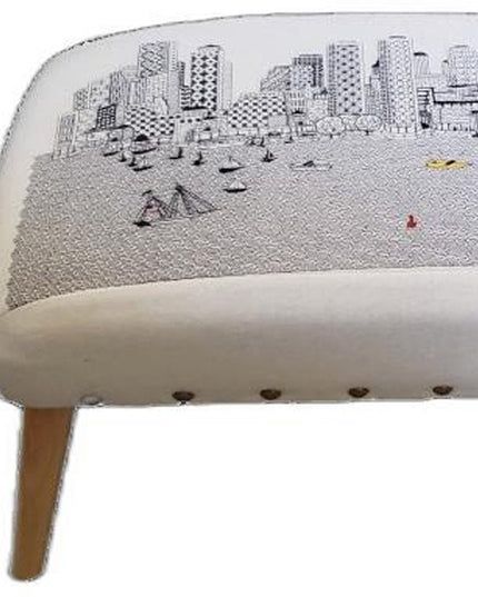 38" Cream Wool And Brown Ottoman