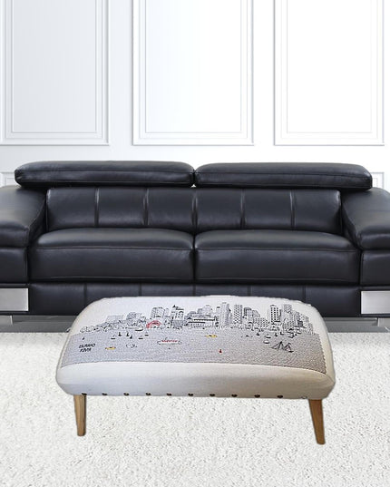 38" Cream Wool And Brown Ottoman