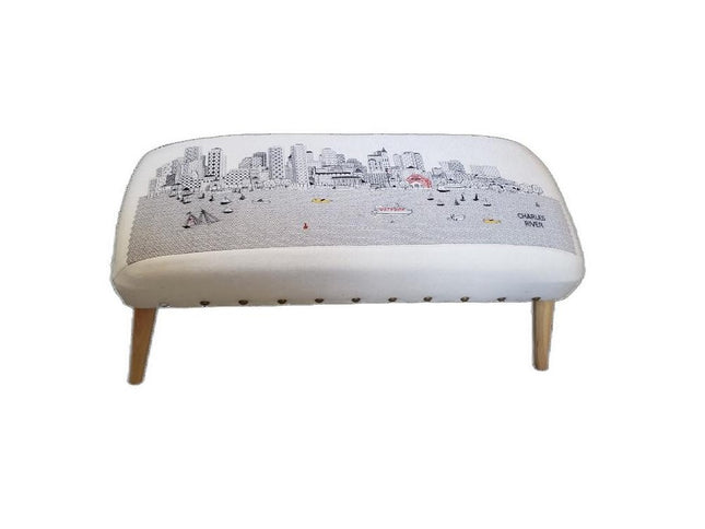 38" Cream Wool And Brown Ottoman