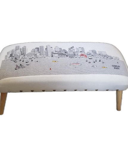 38" Cream Wool And Brown Ottoman