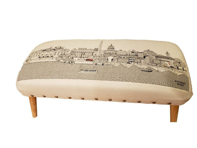 38" Cream Wool and Brown Ottoman