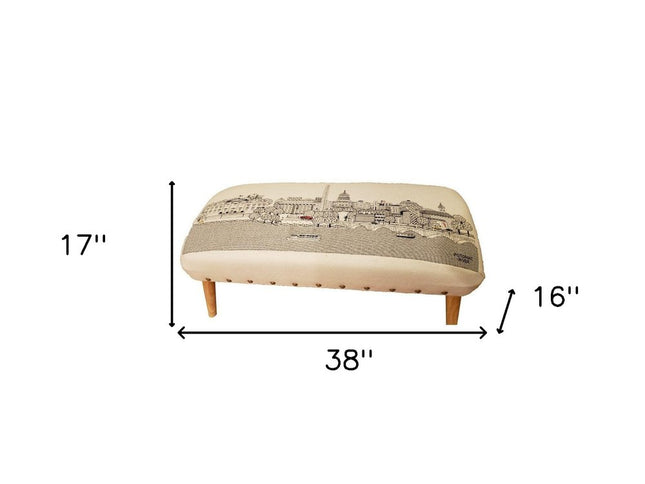 38" Cream Wool and Brown Ottoman