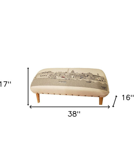38" Cream Wool and Brown Ottoman