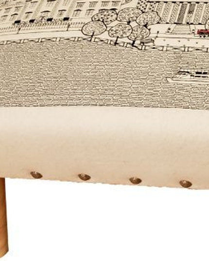 38" Cream Wool and Brown Ottoman