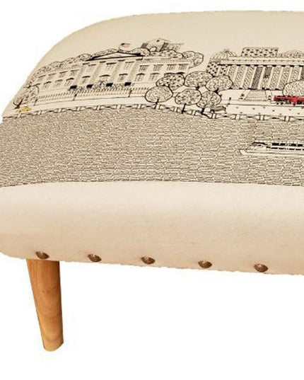 38" Cream Wool and Brown Ottoman