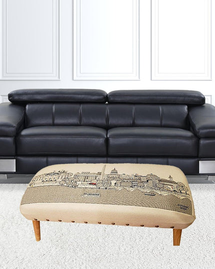38" Cream Wool and Brown Ottoman