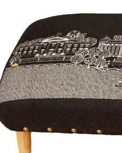 38" Gray Wool and Brown Ottoman