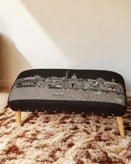 38" Gray Wool and Brown Ottoman