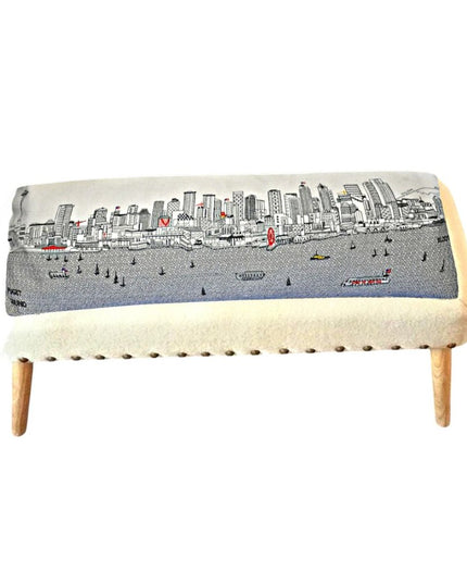 38" Cream Wool and Brown Ottoman