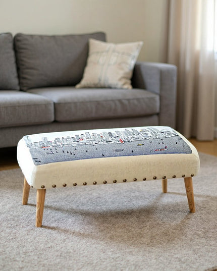 38" Cream Wool and Brown Ottoman