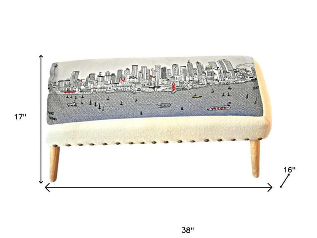 38" Cream Wool and Brown Ottoman