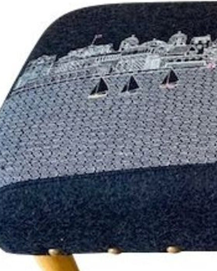 38" Gray Wool and Brown Ottoman