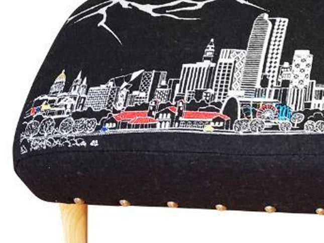 38" Gray Wool and Brown Ottoman