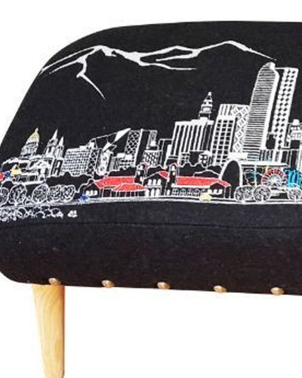 38" Gray Wool and Brown Ottoman