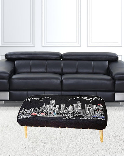 38" Gray Wool and Brown Ottoman