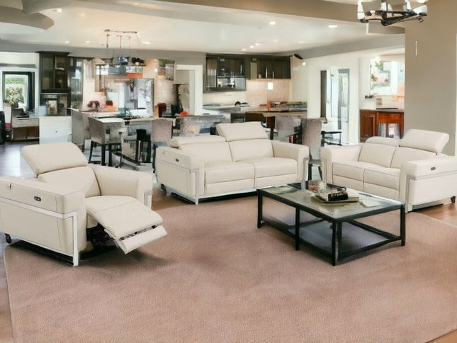 Three Piece Indoor Beige Italian Leather Six Person Seating Set