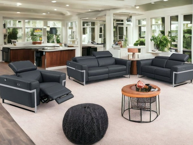 Three Piece Indoor Dark Gray Italian Leather Six Person Seating Set