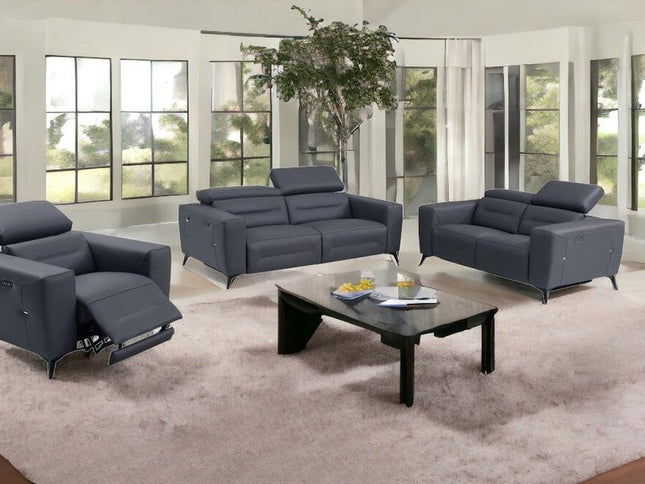 Three Piece Indoor Dark Gray Italian Leather Six Person Seating Set