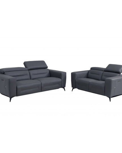 Two Piece Indoor Dark Gray Italian Leather Five Person Seating Set