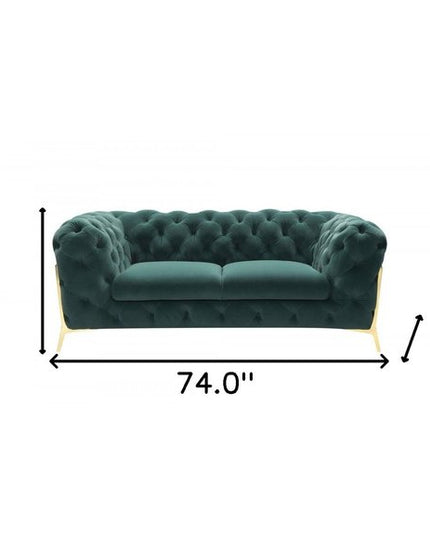 74" Emerald And Gold Velvet Loveseat