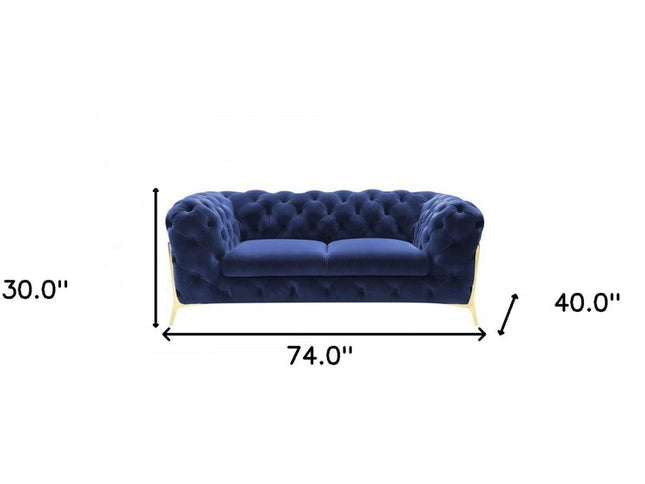 74" Blue And Gold Velvet Loveseat