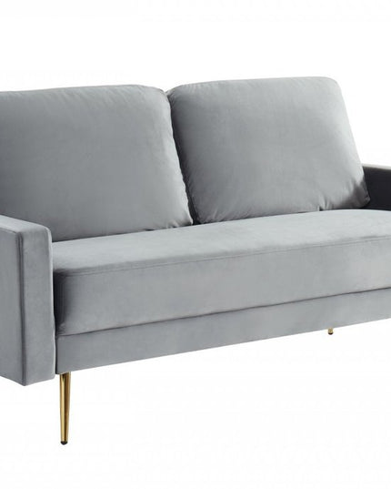 72" Gray Velvet Sofa With Brass Legs