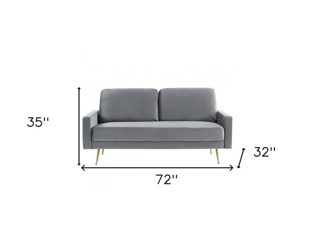 72" Gray Velvet Sofa With Brass Legs