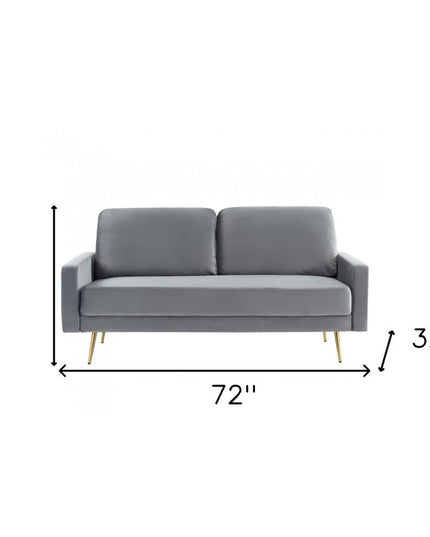 72" Gray Velvet Sofa With Brass Legs