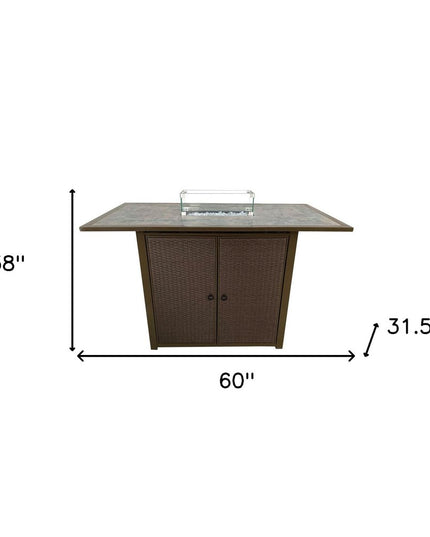 50000 BTU 60" Brown And Clear Glass, Steel Propane Rectangular Fire pit table With Cover