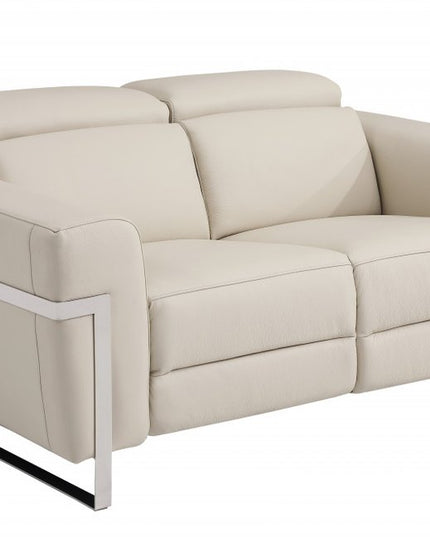65" Beige And Silver Italian Leather Power Reclining Loveseat