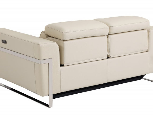 65" Beige And Silver Italian Leather Power Reclining Loveseat