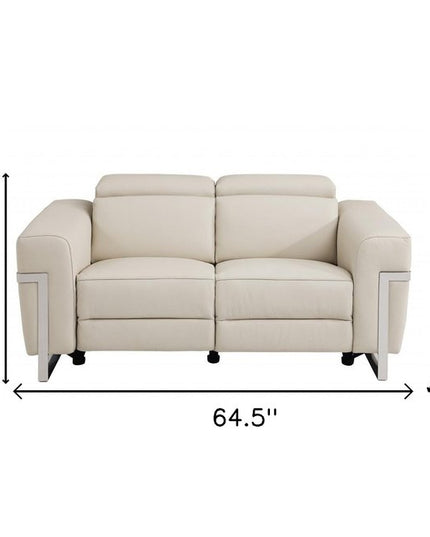 65" Beige And Silver Italian Leather Power Reclining Loveseat