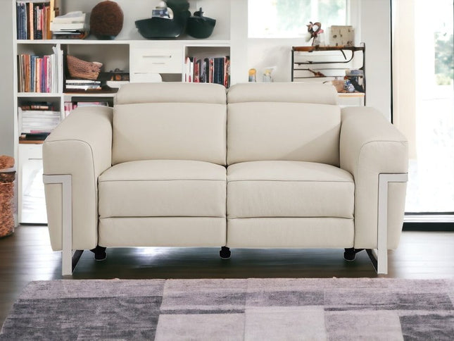 65" Beige And Silver Italian Leather Power Reclining Loveseat