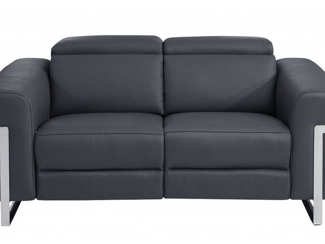 65" Gray And Silver Italian Leather Power Reclining Loveseat