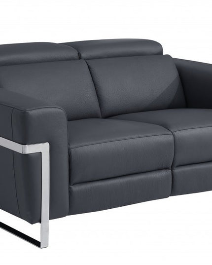 65" Gray And Silver Italian Leather Power Reclining Loveseat