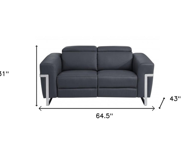 65" Gray And Silver Italian Leather Power Reclining Loveseat