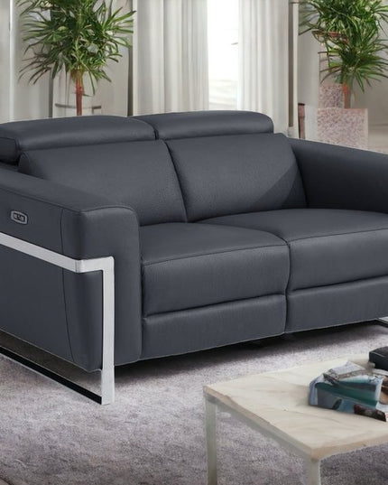 65" Gray And Silver Italian Leather Power Reclining Loveseat