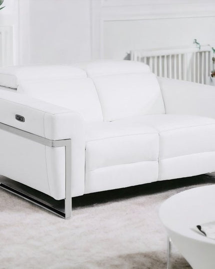 65" White And Silver Italian Leather Power Reclining Loveseat