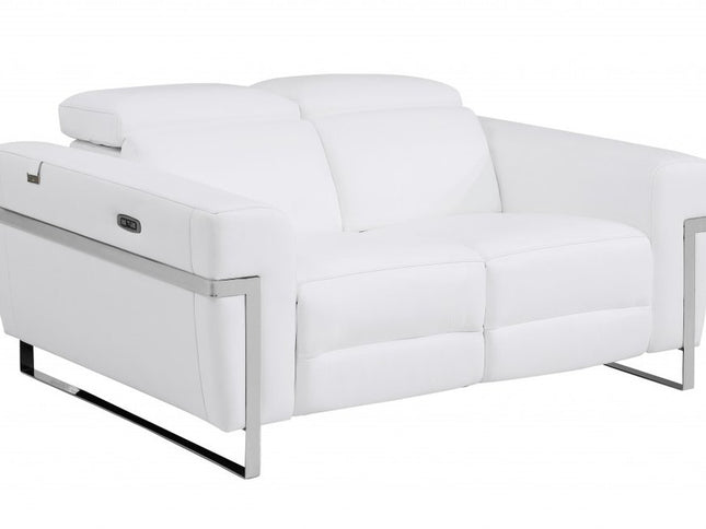 65" White And Silver Italian Leather Power Reclining Loveseat