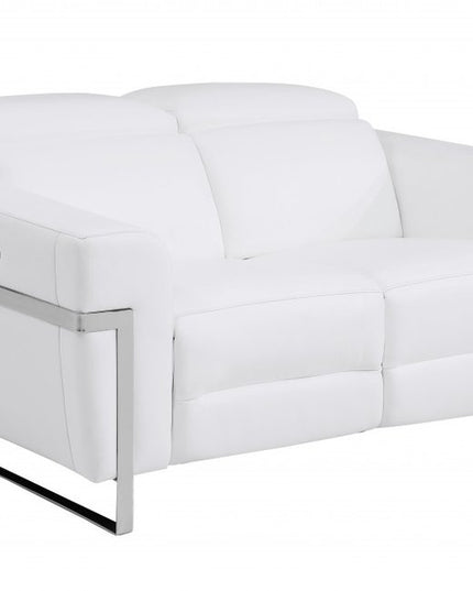 65" White And Silver Italian Leather Power Reclining Loveseat