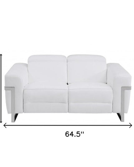 65" White And Silver Italian Leather Power Reclining Loveseat