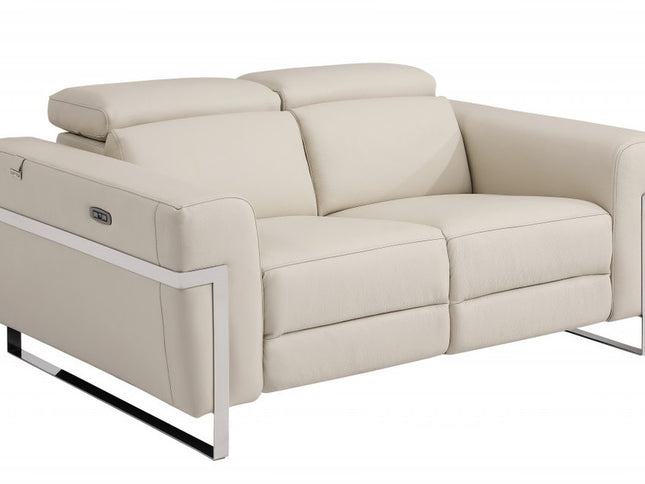 65" Beige And Silver Italian Leather Power Reclining Loveseat