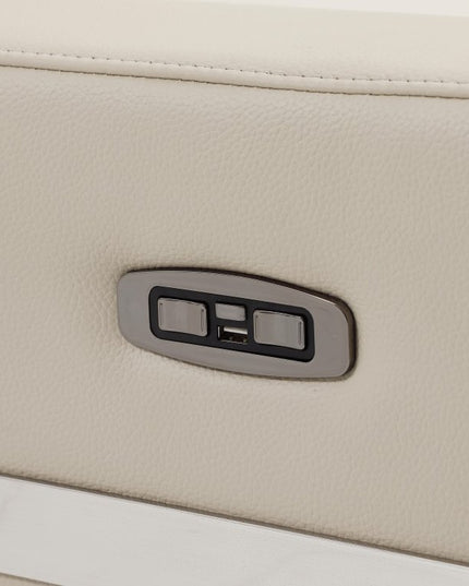 65" Beige And Silver Italian Leather Power Reclining Loveseat