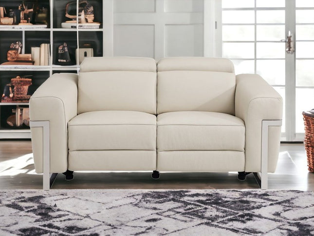 65" Beige And Silver Italian Leather Power Reclining Loveseat