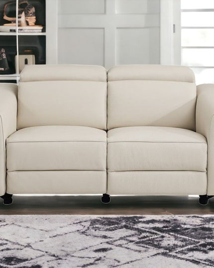 65" Beige And Silver Italian Leather Power Reclining Loveseat