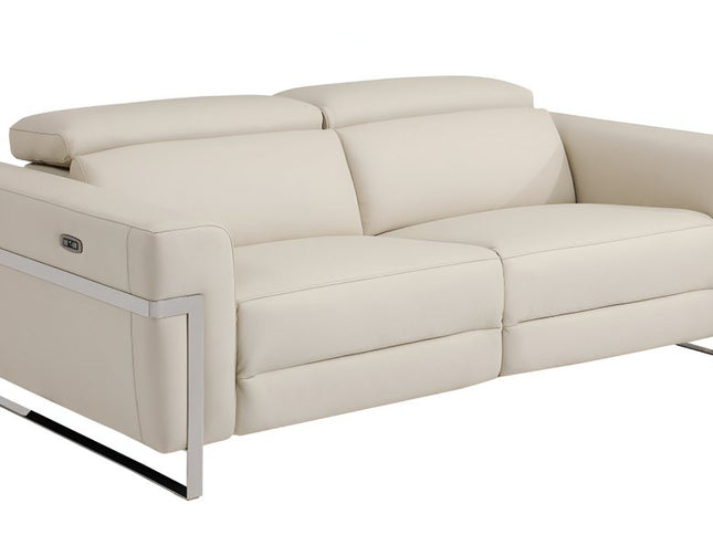 83" Beige Italian Leather USB Reclining Sofa With Silver Legs