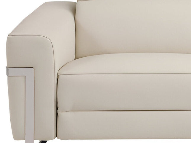 83" Beige Italian Leather USB Reclining Sofa With Silver Legs