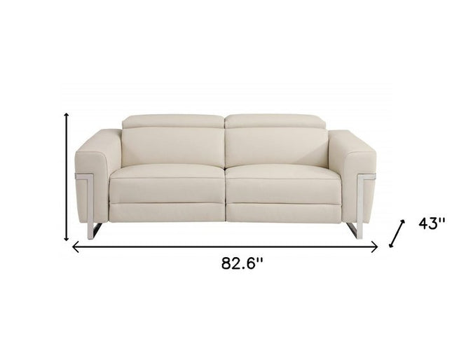 83" Beige Italian Leather USB Reclining Sofa With Silver Legs